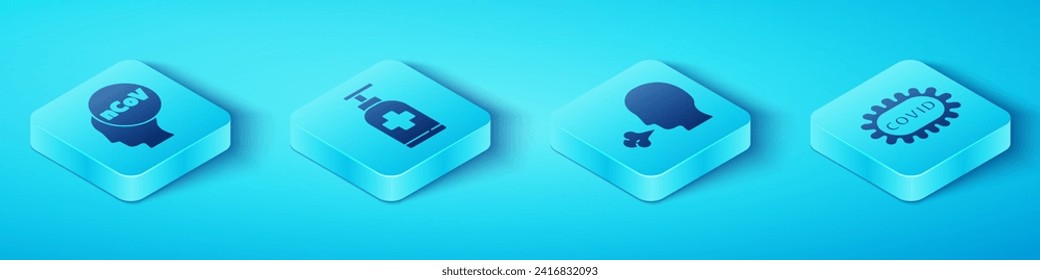 Set Isometric Corona virus 2019-nCoV, Bottle of liquid antibacterial soap, Corona virus covid-19 and Man coughing icon. Vector