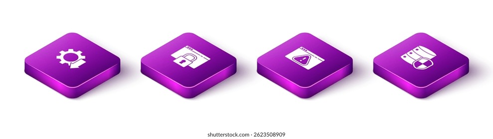 Set Isometric Cost reduction, Secure your site with HTTPS, SSL, Browser exclamation mark and Server shield icon. Vector