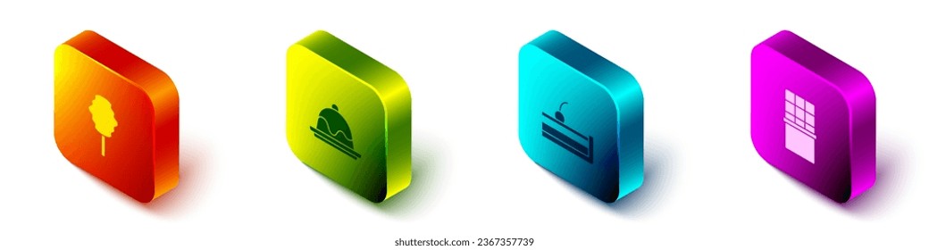 Set Isometric Cotton candy, Cake, Cherry cheesecake and Chocolate bar icon. Vector