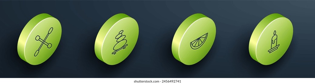 Set Isometric Cotton swab for ears, Stack hot stones, Citrus fruit and Burning candle icon. Vector