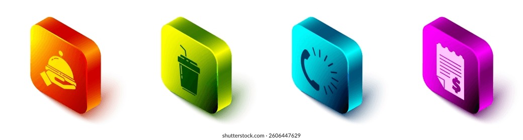Set Isometric Covered with a tray of food, Coffee cup to go, Food ordering and Paper or financial check icon. Vector