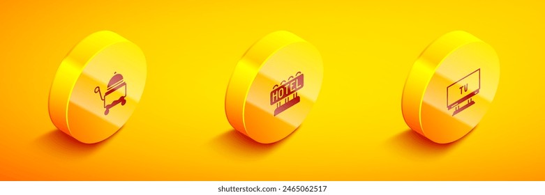 Set Isometric Covered with tray, Signboard text Hotel and Smart Tv icon. Vector