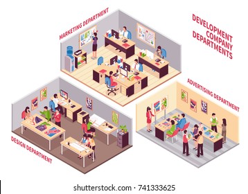 Set Of Isometric Coworking Spaces Of Development Company With Employees Working  In Design Marketing And Advertising Departments Vector Illustration