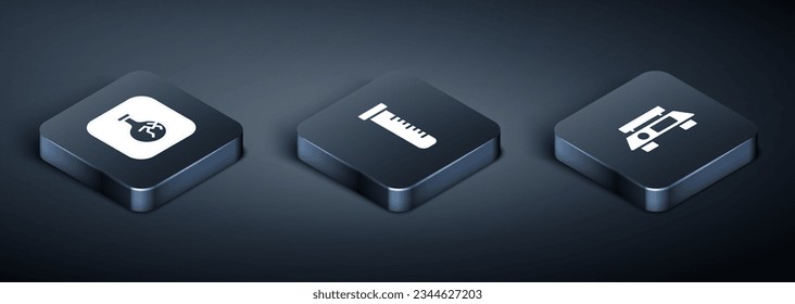 Set Isometric Cracked flask, Electronic scales and Test tube and icon. Vector