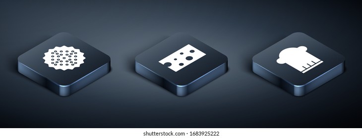 Coloque el icono Isometric Cracker biscuit , Chef hat y Cheese. Vector