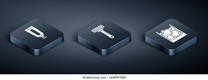 Set Isometric Cream or lotion cosmetic tube, Glass of whiskey and ice cubes and Shaving razor icon. Vector