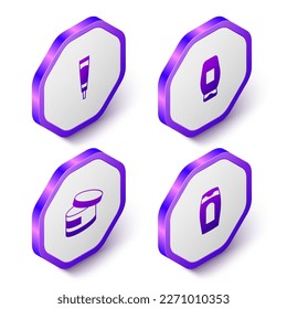 Set Isometric Cream or lotion cosmetic tube, Bottle of shampoo,  and  icon. Purple hexagon button. Vector