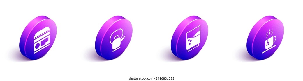Set Isometric Cream or lotion cosmetic tube, Kettle with handle, Glass with water and Cup of tea with tea bag icon. Vector