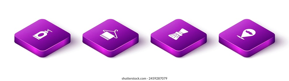 Set Isometric Cream or lotion cosmetic tube, Towel hanger, Shaving brush and Barbershop icon. Vector