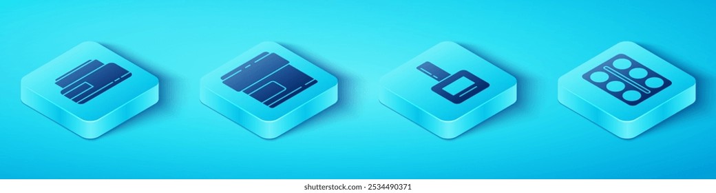 Definir Isometric Cream ou loção tubo cosmético, Creme ou loção tubo cosmético, paleta de sombra do olho e ícone de garrafa de polimento ungueal. Vetor