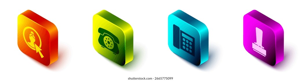 Definir a tela Isometric Criar conta, telefone, telefone e carimbo ícone. Vetor