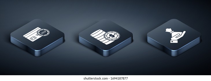 Set Isometric Credit card, Hand holding money bag and Casino chip with dollar icon. Vector