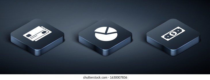 Set Isometric Credit card, Stacks paper money cash and Pie chart infographic icon. Vector