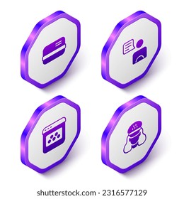 Set Isometric Credit card, Taxi driver, mobile app and  icon. Purple hexagon button. Vector