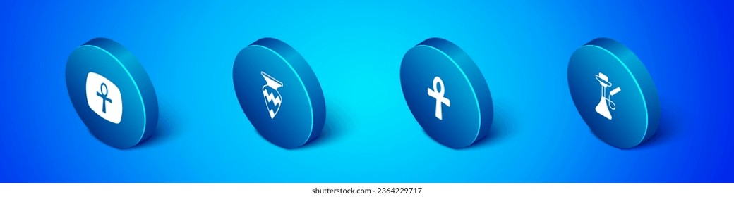 Set Isometric Cross ankh, Hookah and Egyptian vase icon. Vector