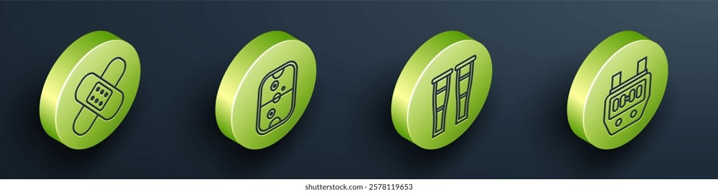 Set Isometric Crossed bandage plaster, Air hockey table, Crutch or crutches and Stopwatch icon. Vector