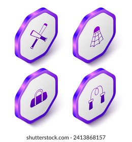 Set Isometric Crossed baseball bat, Badminton shuttlecock, Sport bag and Jump rope icon. Purple hexagon button. Vector