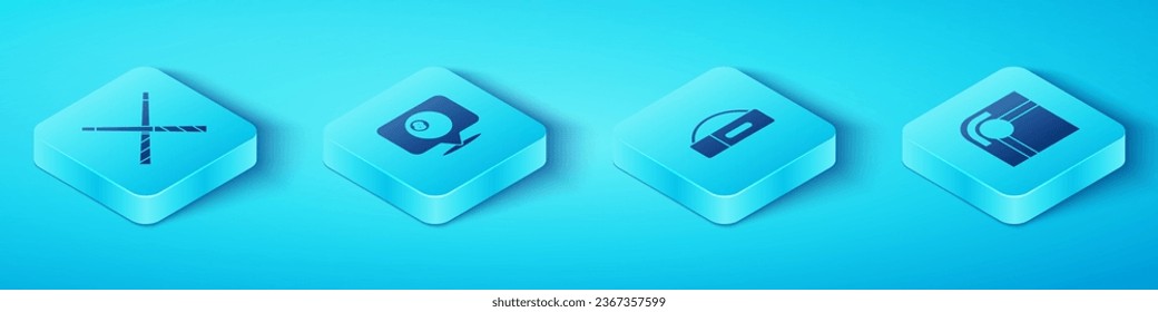 Set Isometric Crossed billiard cues, Location with ball, Billiard table and Case for icon. Vector