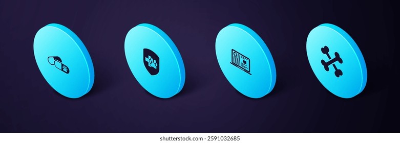 Set Isometric Crossed bones, Clinical record cat laptop, Animal health insurance and Dog and pills icon. Vector