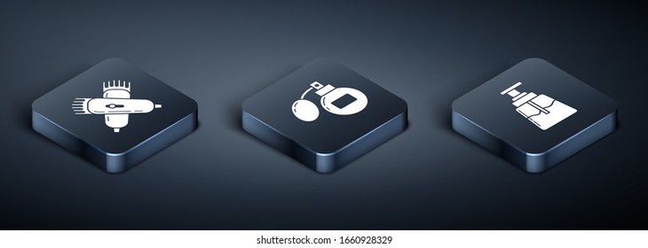 Set Isometric Crossed electrical hair clipper or shaver, Aftershave and Aftershave icon. Vector