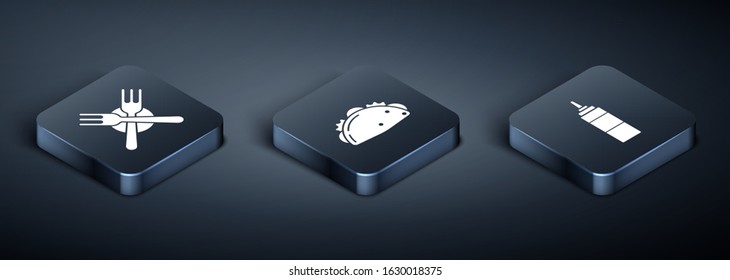 Set Isometric Crossed fork, Sauce bottle and Taco with tortilla icon. Vector