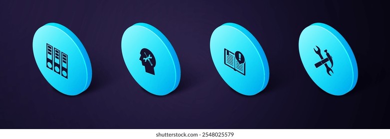 Set Isometric Crossed hammer and wrench, Interesting facts, Human head service and Office folders icon. Vector