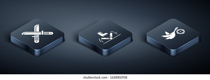 Set Isometric Crossed hunter knife, Hunt on duck with crosshairs and Trap hunting icon. Vector