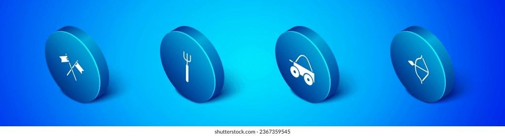 Set Isometric Crossed medieval flag, Wooden four-wheel cart, Medieval bow and arrow and Garden pitchfork icon. Vector