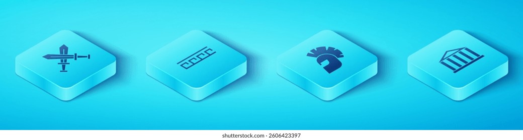 Set Isometric Crossed medieval sword, Ancient Greek pattern, Parthenon and helmet icon. Vector