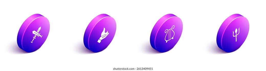 Set Isometric Crossed medieval sword, Hand holding fire, Ancient lyre and Neptune Trident icon. Vector