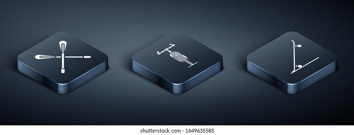 Set Isometric Crossed paddle, Skateboard and Bicycle icon. Vector
