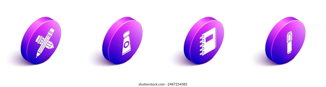 Lápiz cruzado isométrico con borrador, tubo con paleta de pintura, cuaderno en espiral e icono de rotulador. Vector