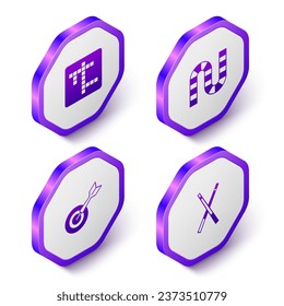 Set Isometric Crossword, Board game, Classic dart board and arrow and Crossed billiard cues icon. Purple hexagon button. Vector
