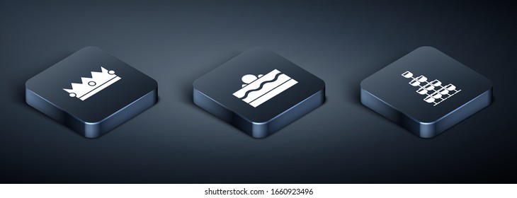 Set Isometric Crown , Wine glasses stacked in a pyramid tower  and Cake  icon. Vector