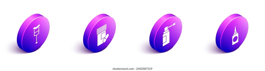 Set Isometric Crutch or crutches, Medicine bottle and pills, Medical bottle with nozzle spray and Bottle nasal spray icon. Vector