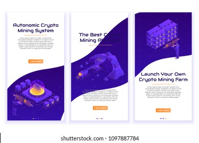 Set Of Isometric Crypto Mining Concept Banners. Concept Of Cryptocurrency Mining. Vector Illustration With Robotic Organism, Businessman And Heavy Vehicles.