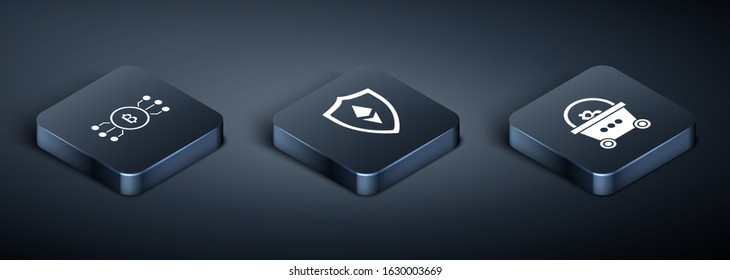 Set Isometric Cryptocurrency bitcoin in circle with microchip circuit, Shopping basket with bitcoin and Shield Ethereum ETH icon. Vector
