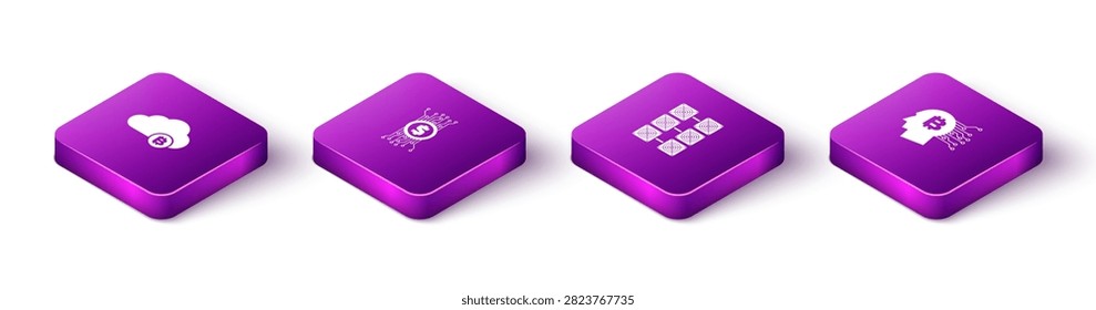 Set Isometric Cryptocurrency cloud mining, bitcoin circuit, Mining farm and Bitcoin think icon. Vector