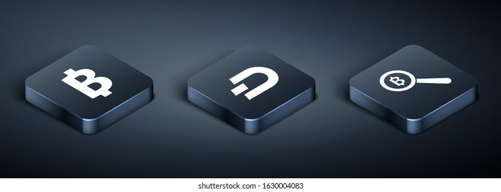 Set Isometric Cryptocurrency coin Bitcoin, Magnifying glass with Bitcoin and Cryptocurrency coin Dash icon. Vector