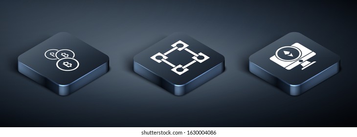 Set Isometric Cryptocurrency coin Bitcoin, Monitor and Cryptocurrency coin Ethereum ETH and Blockchain technology icon. Vector