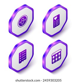 Establecer criptomoneda isométrica moneda Bitcoin, lista de compras y compras en línea en la pantalla icono. Botón hexagonal púrpura. Vector
