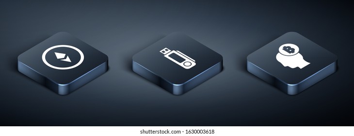 Set Isometric Cryptocurrency coin Ethereum ETH, Bitcoin think and USB flash drive icon. Vector