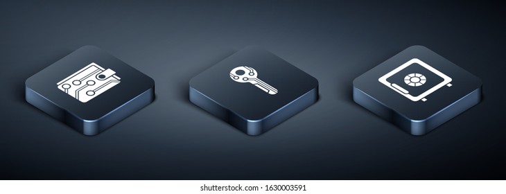 Set Isometric Cryptocurrency wallet, Safe and Cryptocurrency key icon. Vector