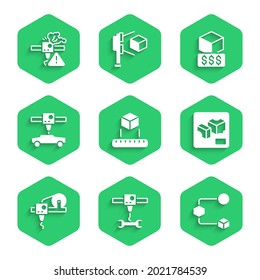 Set Isometric cube, 3D printer wrench spanner, car, services and warning icon. Vector