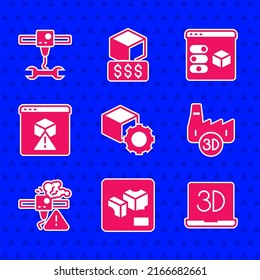 Set Isometric cube, 3D printer, Printing house industry, warning,  and wrench spanner icon. Vector