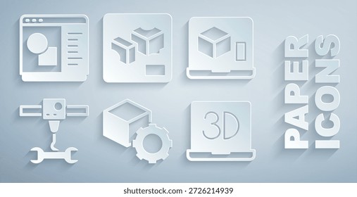 Establecer cubo isométrico, impresora 3D, llave inglesa e icono de software. Vector