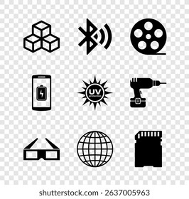 Set Isometric cube, Bluetooth connected, Film reel, 3D cinema glasses, Earth globe and SD card icon. Vector