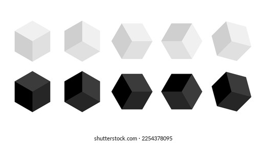 Set of isometric cube from different sides. Black and white abstract geometric figures. Vector illustration isolated on white background.