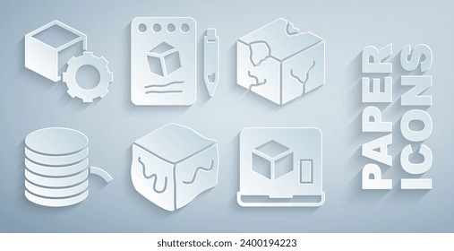 Establecer cubo isométrico, Filamento para impresora 3D, Esbozo en papel e icono. Vector