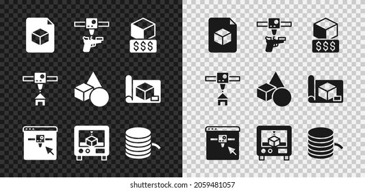 Establezca el archivo de cubo isométrico, la pistola de impresora 3D, los servicios, la configuración, el archivo para, la casa y el icono de formas geométricas básicas. Vector